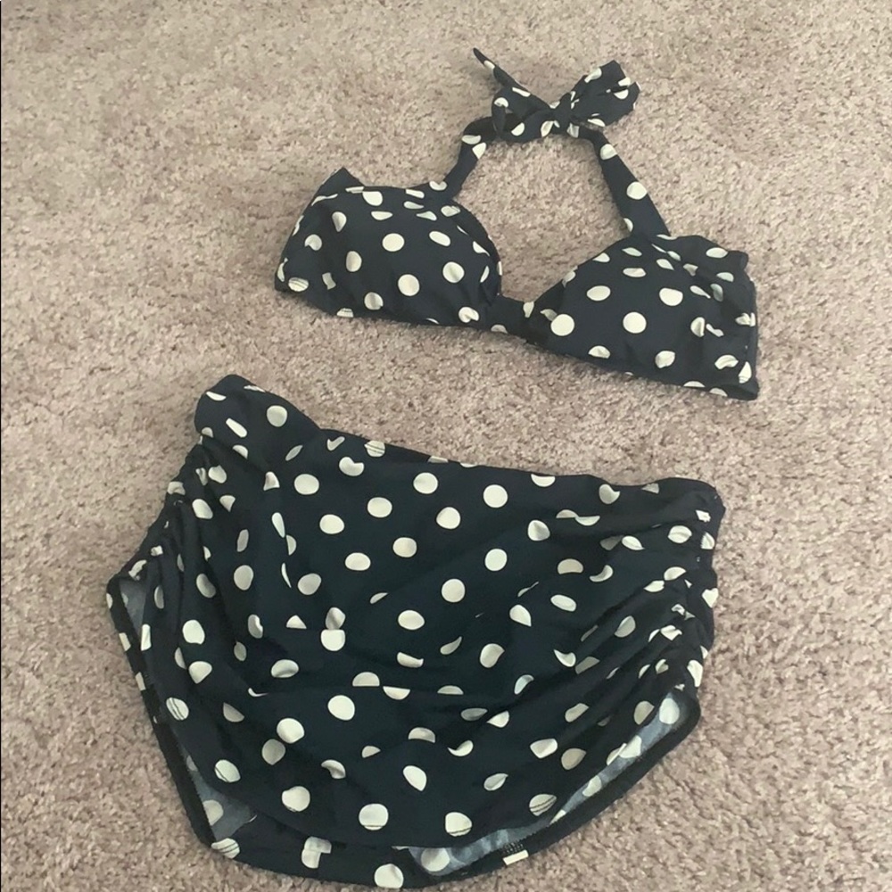 High-waisted Navy Polka Dot Bikini